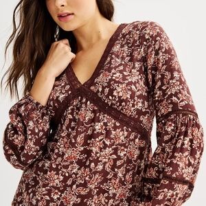 NWT Babydoll Top V Neck Top Floral Small Chocolate Brown